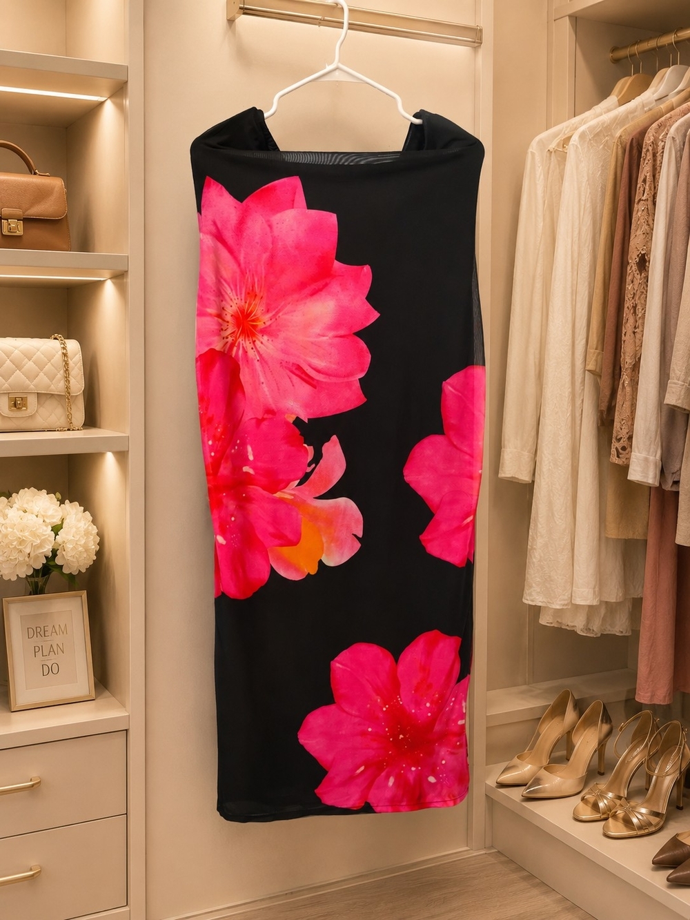 Black Midi Pencil Skirt with Bold Pink Floral Print